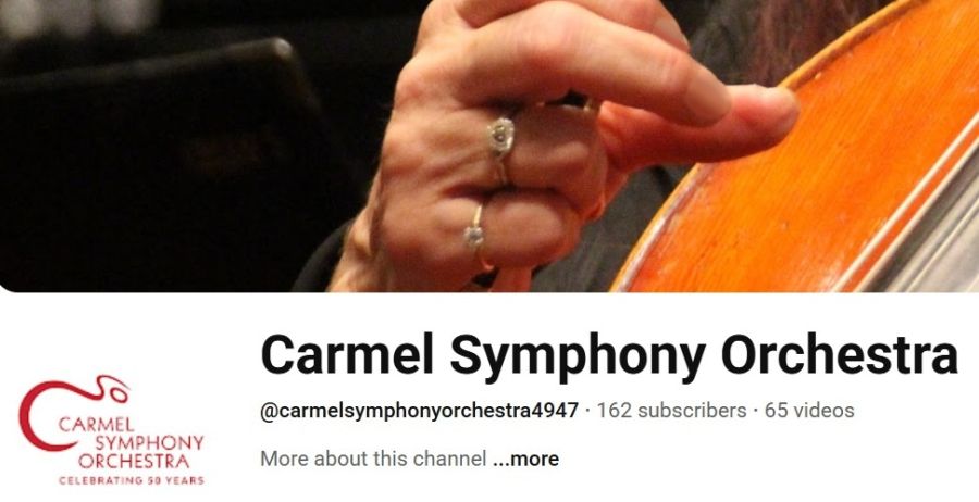 close up of hands playing a string instrument with Carmel Symphony Orchestra You Tube logo